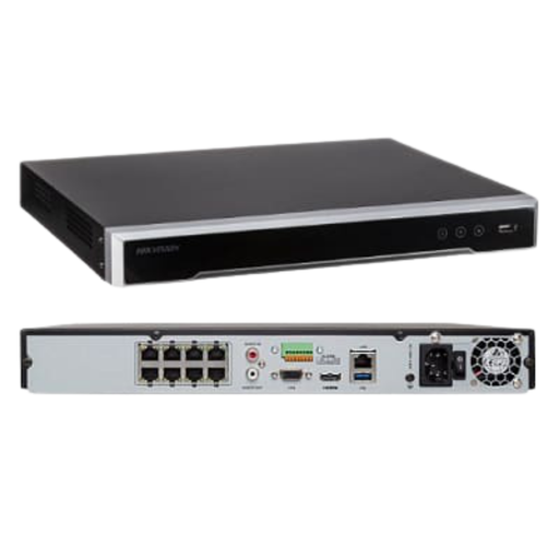 NVR Hikvision, 8 canales, 4K, 1U, 8MP, 8 poe, (3840 × 2160), 2 sata, up to 6TB