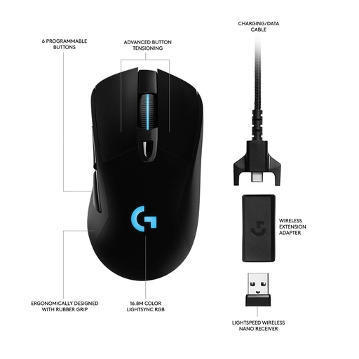 Mouse Logitech G703 lightspeed wireless gaming, color negro, RGB lightsync, óptico usb, 6