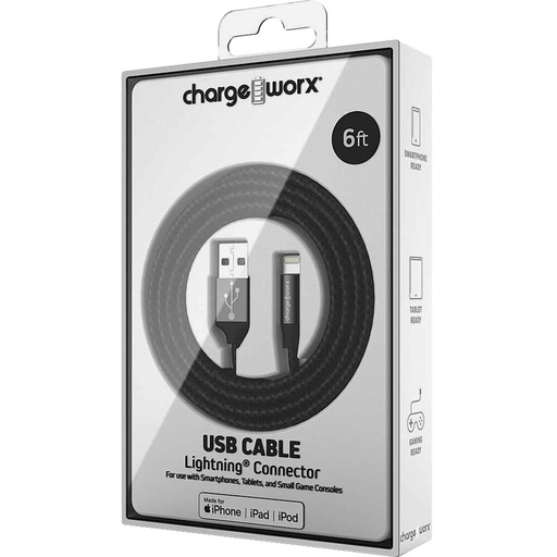 Cable lightning para smartphones & tablets, Chargeworx, 6FT, (CX4858BK)