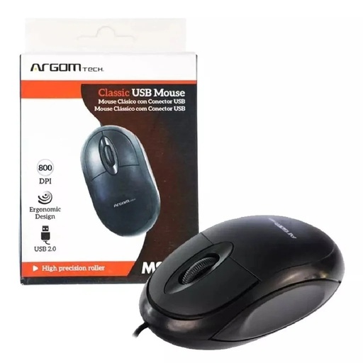 Mouse Argom usb, diseño ergonómico, resolución 800 dpi, plug & play, ahorro de espacio