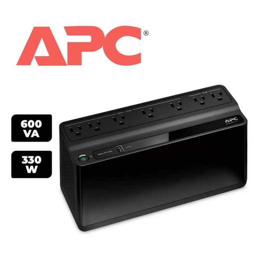 UPS APC BE600M1 back-ups, 0.6KVA (600VA), 330 watts, input 120V / output 120V, 2 x nema