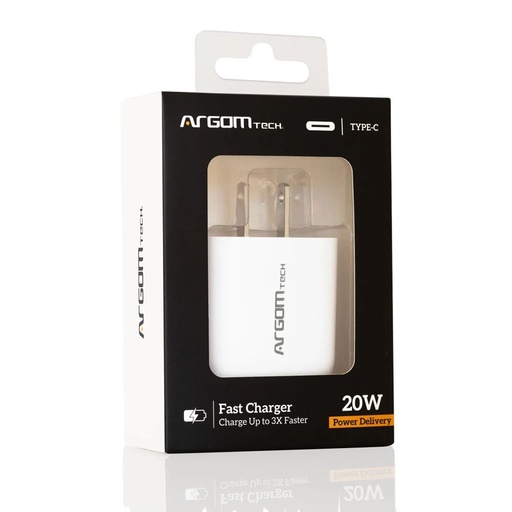 Cargador USB de pared Argom, 20W, carga rapida, tecnologia PD, puerto tipo-c p/celulares