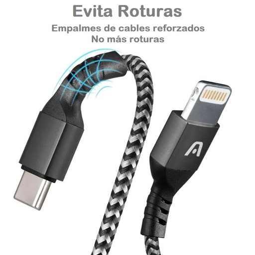 Cable tipo-c a lightning Argom, 6 pies, PD carga rapida, nylon trenzado, flexible, negro