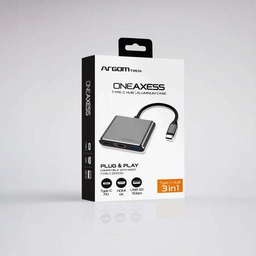 Hub USB Argom type c , 3 en 1, USB type-C, 1X HDMI 4K, 1X USB 3.0, plateado