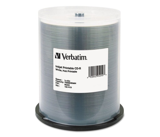 CD-r verbatim 80MIN/700MB, 52X, white inkjet hub printiable, 100PK