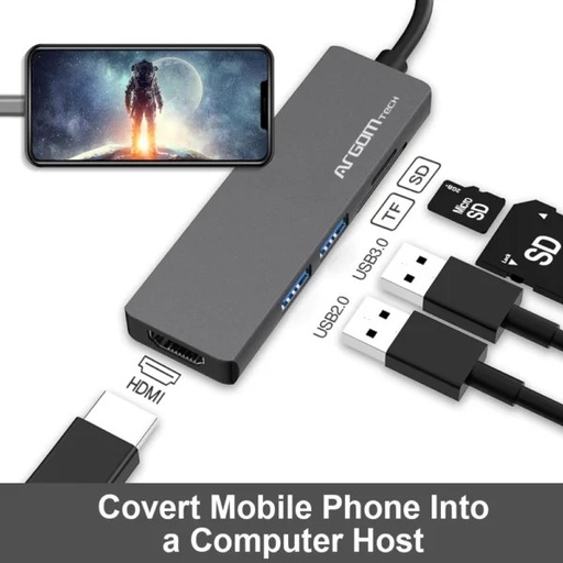 Hub USB Argom type C, 5 en 1, 1X HDMI 4K, 1X puerto SD, 1X micro SD, 1X USB 3.0, 1X USB 2.0