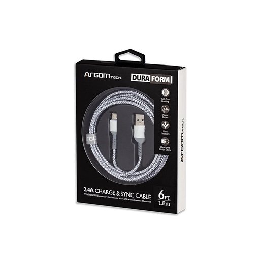 Cable Argom tipo-a 2.0 a micro USB , 1.8M/6.0FT, nylon trenzado, flexible, blanco