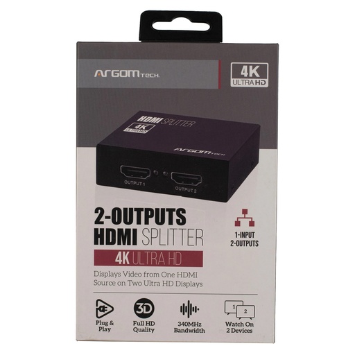 Splitter Argom HDMI 2 puertos 4K HD, 3840X2160P at 60HZ, 10.2GBPS 340MHZ, 1 puerto entrada