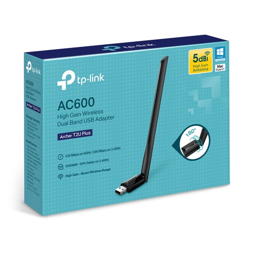 Adaptador de red USB WIFI TP-Link AC600 archer T2U plus, 2.4GHZ/200MBPS, 5.0GHZ/433MBPS
