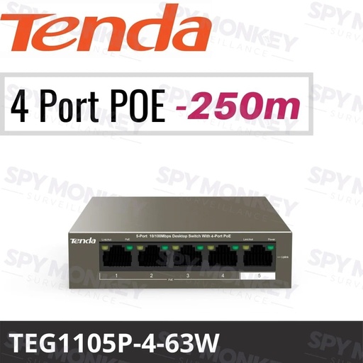 Switch 5 puertos tenda TEG1105P-4-63W, no administrable, ethernet 10/100/100, 4 puertos POE
