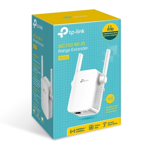 Repetidor TP-Link RE205, 2.4GHZ/300MBPS, 5GHZ/433MBPS, 1 puerto lan, 802.11AC/b/g/n/ac, WPS