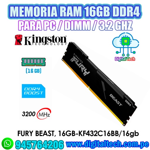 Memoria 16GB (1X16GB) Kingston, p/desktop, 3200MT/s DDR4 CL16 dimm fury beast black