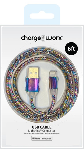 Cable lightning / USB-a para smartphones & tablets, 6FT, trenzado, multicolor