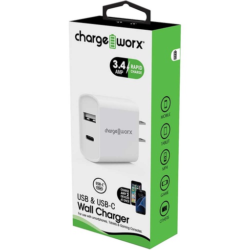 Cargador de pared dual usb, output: 5V/2.4 amp input: AC 110-240V, Chargeworx para