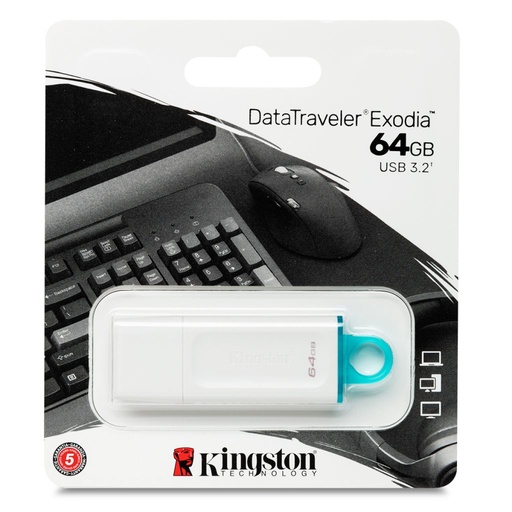 Memoria USB 64GB, Kingston data traveler exodia, USB 3.2 (blanco con anillo azul