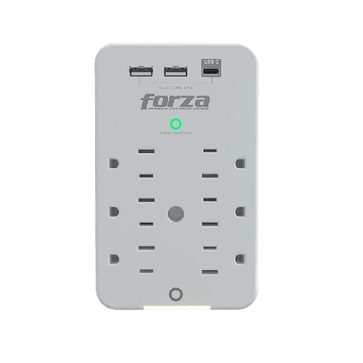 Tomacorriente forza, 6 tomas + 2 puertos USB-a + 1 USB-C, protector sobretensión, 110/220V