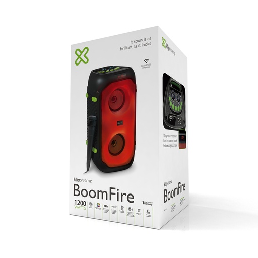 Bocina Klip Xtreme boomfire, 1200 watts RMS, hasta 8 horas de reproduccion, luces led, compatible