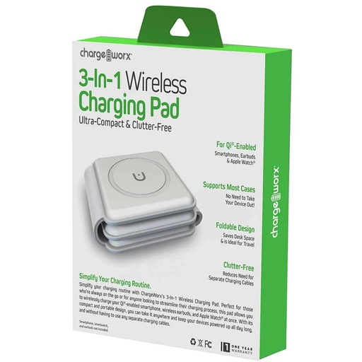 Cargador inalambrico, Chargeworx tripe para smartphones, reloj y auriculares, blanco