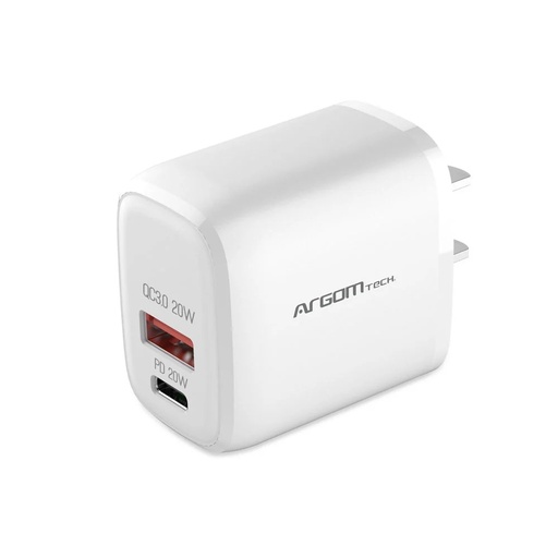 Cargador USB de pared Argom dual, 40W, carga rapida, tecnologia PD puerto tipo-c y USB