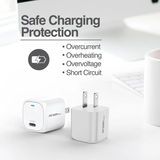 Cargador USB de pared Argom, 20W, carga rapida, tecnologia PD puerto tipo-c p/celulares