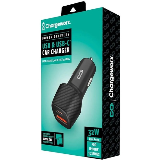 Cargador para carro dual USB y tipo c 18 W, Chargeworx para smartphones & tablets, color