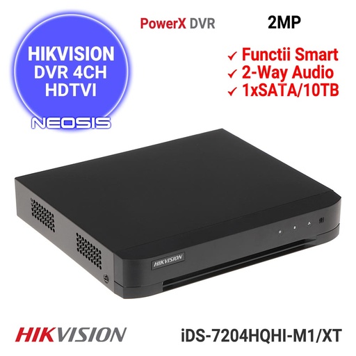 DVR acusense de 4 canales Hikvision H.264+, 1 HDD hasta 10 TB, audio bidireccional via