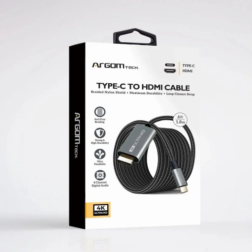 Cable HDMI Argom USB-C, 6 pies negro 4K 30HZ, nylon trenzado.(arg-CB-0091)