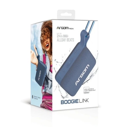 Bocina Argom boogielink azul ,bluetooth, potencia de 8 w RMS, resistente al agua, hasta 24