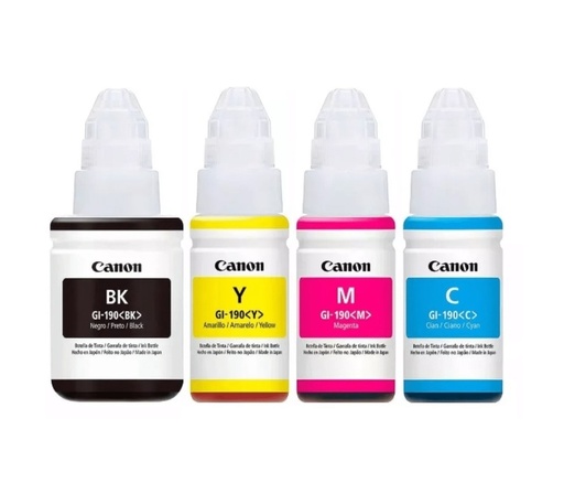 Kit de tintas Canon gi-190 (bk,c,m,y) para impresoras pixma: g 1100 / 2100 / 3100 / G4100