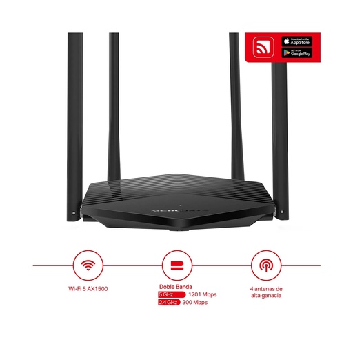 Router wireless TP-Link mercusys MR60X AX1500 (wi-FI6), 2.4GHZ/300MBPS, 5GHZ/1201MBPS, 1
