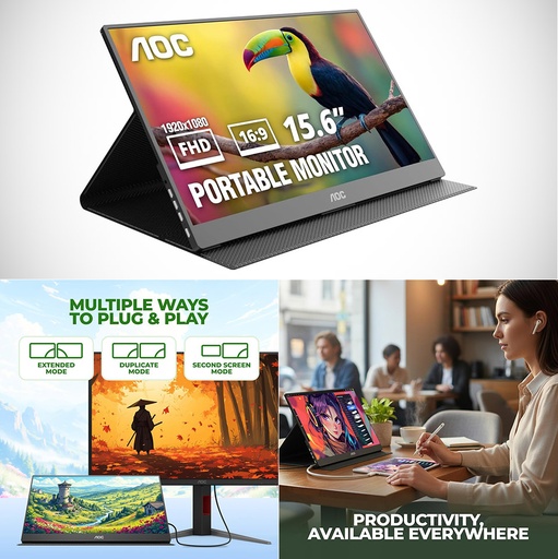 Monitor aoc 15.6" 16T20 portátil FHD (1920X1080) 60HZ, panel ips, 2 × USB-C, mini HDMI