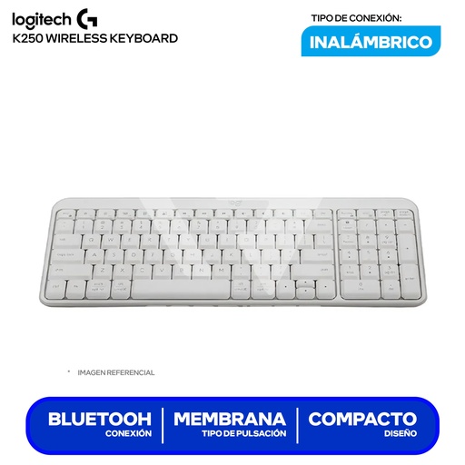 Teclado Logitech K250 compact bluetooth wireless, español, diseño compacto con seccion