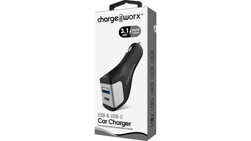 Cargador para carro Chargeworx, USB-a y USB type C, negro