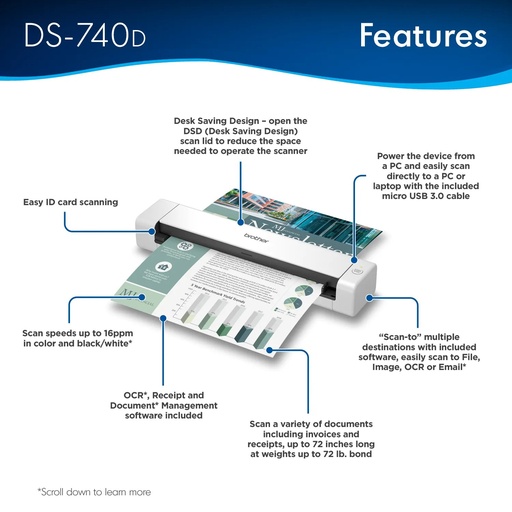 Scanner Brother DS-740D, compacto duplex, SW para escaneo de tarjetas de presentación y